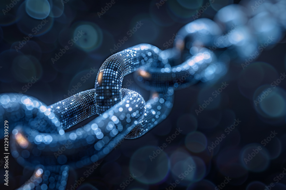 Poster digital chain link reflecting light in a dark background space