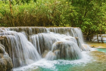 Fototapeta premium Small waterfalls, cascades, Tat Kuang Si waterfalls, Luang Prabang, Laos, Asia