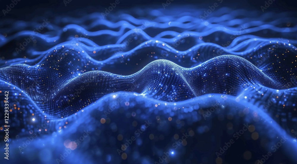 Poster abstract digital wave pattern with particles in shades of blue, representing flow and motion, ai gen