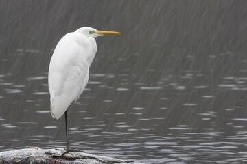 Great egret (Ardea alba) standing on deadwood in water, snowfall, Hesse, Germany, Europe