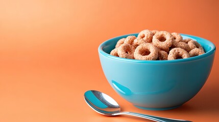 Bowl of cereal with a spoon on an orange background.