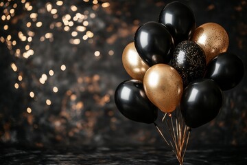 Naklejka premium Festive black and gold balloons ready for celebration in an elegant setting with sparkling background