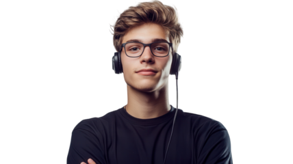 Young man listening to music with headphones while posing confidently indoors