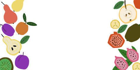 Background with fresg fruits, apple, dragon fruit, kiwi, pomegranate, pear, apple, plum. For poster, advertising, flat design