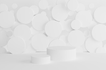 Two white round podiums on abstract stage mockup, soft shining flying circles decor. Template 3D illustration urban style scene for presentation cosmetic products, goods, branding, sale, display.