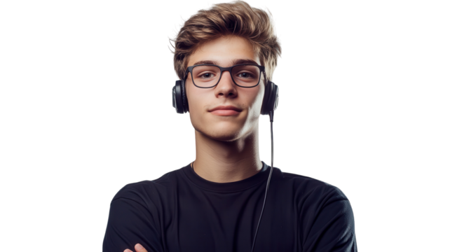 Young man listening to music with headphones while posing confidently indoors