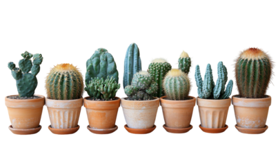 Collection of Various Green Cacti in Terracotta Pots Against Bla