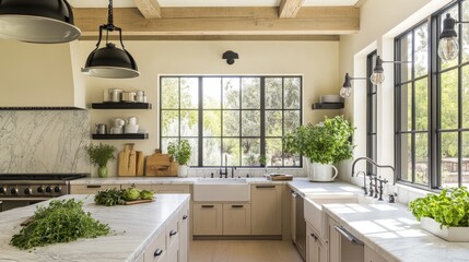 Elegant Farmhouse Kitchen Design with Bright Sunlight Streaming Through Large Windows