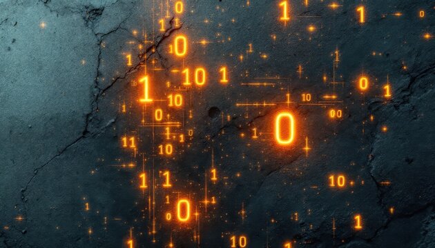 Abstract binary code background with glowing orange digital matrix.
