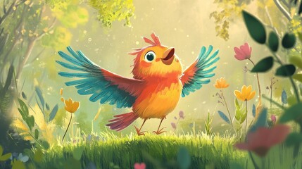 Colorful, quirky cartoon bird flapping its wings joyfully in a magical, kid-friendly environment