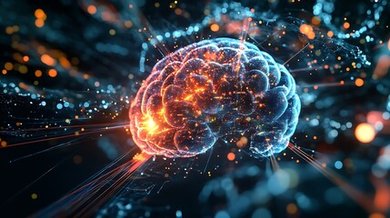 A high-tech digital brain emitting light and data streams, integrated into a network of AI-powered business analytics and internet systems.
