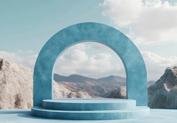 3D render of an abstract background with a blue arch and podium scene in a minimal style, with clouds for product display. 