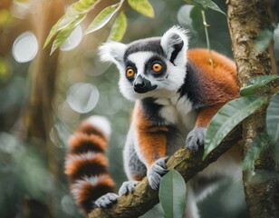 Obraz premium AI generated, animal, animals, mammal, mammals, biotope, habitat, one, individual, foraging, wildlife, ring-tailed lemur (Lemur catta), Madagascar, primates, prosimians, red-brown, red-brown, lemurs, Africa