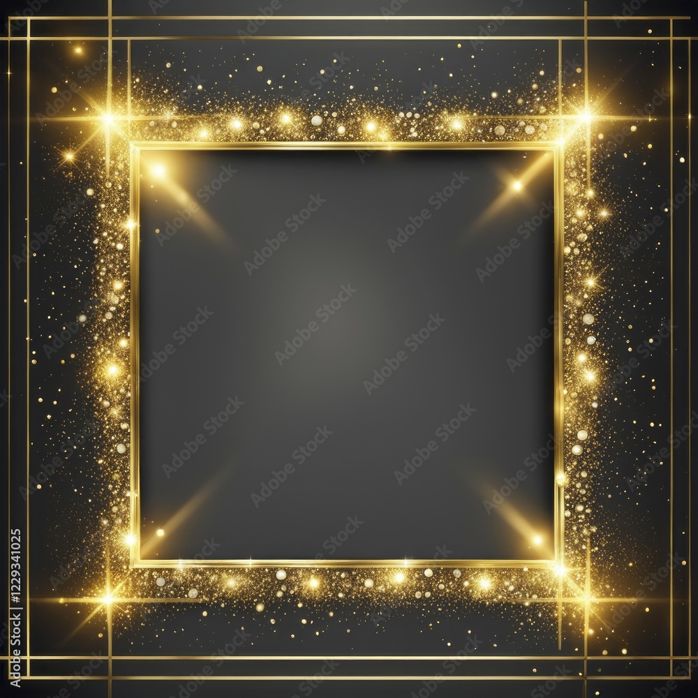 Poster elegant, precisely designed golden frame with glitters and stars on a dark background, creating a so