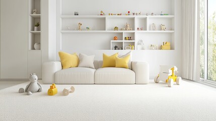 Obraz premium minimalist kids playroom interior, plush white carpet texture, soft cream sofa, built-in white storage shelves, scattered soft toys, yellow accent pillow, diffused natural lighting, modern