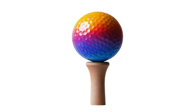 Colorful Gradient Golf Ball on Wooden Tee Against Black Backgrou