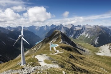 Wind turbine, wind power plant in the Alps, energy production, renewable energy, AI generated