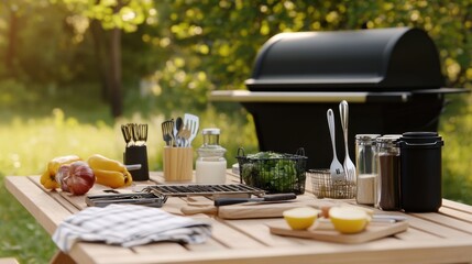 Neatly arranged outdoor cooking tools on a clean picnic table, emphasizing enjoyment and preparation. Ideal for outdoor cooking and content.