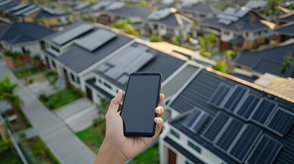 Smart building city view, holding smart phone for classic and modern family house housing with rooftop solar panels. Real estate house property. Suburban urban village style 