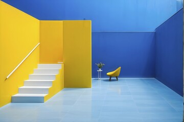 AI generated minimalist architectural shot of red and blue walls intersecting around a modern stairway