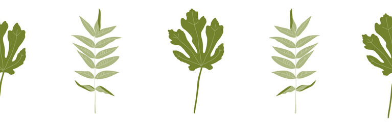 Green leaves border on a white background. Hand-drawn illustration. Perfect for spring and summer.