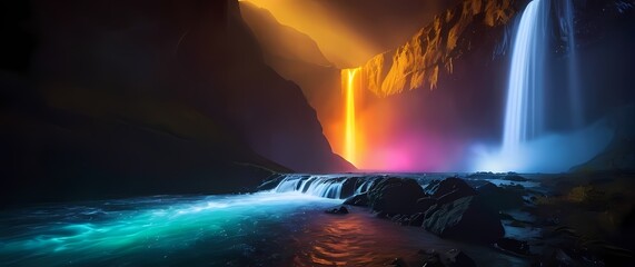A glowing waterfall cascading into a river of light on a distant planet surrounded by vibrant colors