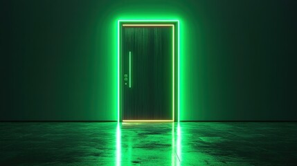 Closed door with glowing green neon frame. (1)