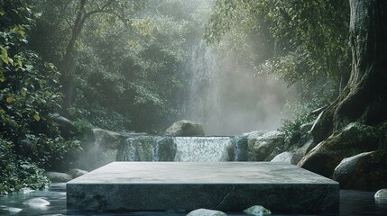 Stone podium in forest Waterfall and river flow in background, natural display stage for product advertising