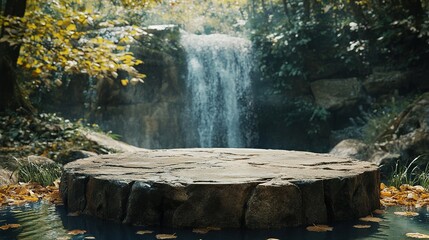Stone podium in forest Waterfall and river flow in background, natural display stage for product advertising