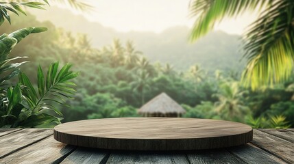 Stone table podium floor outdoor tropical garden jungle blur green leaf plant nature background. View of natural product placement pedestal stand, colorful hut with mountain hut background