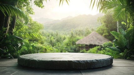 Stone table podium floor outdoor tropical garden jungle blur green leaf plant nature background. View of natural product placement pedestal stand, colorful hut with mountain hut background