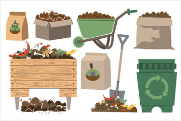 Agriculture and compost vector set. Organic composting theme. Garden tools, bag of compost, ground, food garbage. Illustration of bio, organic fertilizer, compost bin and box, agronomy.