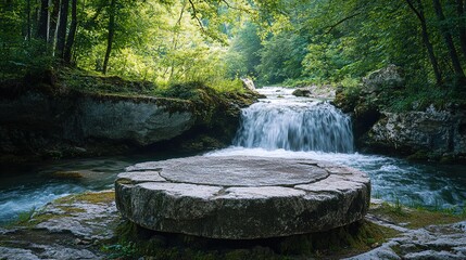 Stone podium in forest Waterfall and river flow in background, natural display stage for product advertising