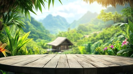Stone table podium floor outdoor tropical garden jungle blur green leaf plant nature background. View of natural product placement pedestal stand, colorful hut with mountain hut background
