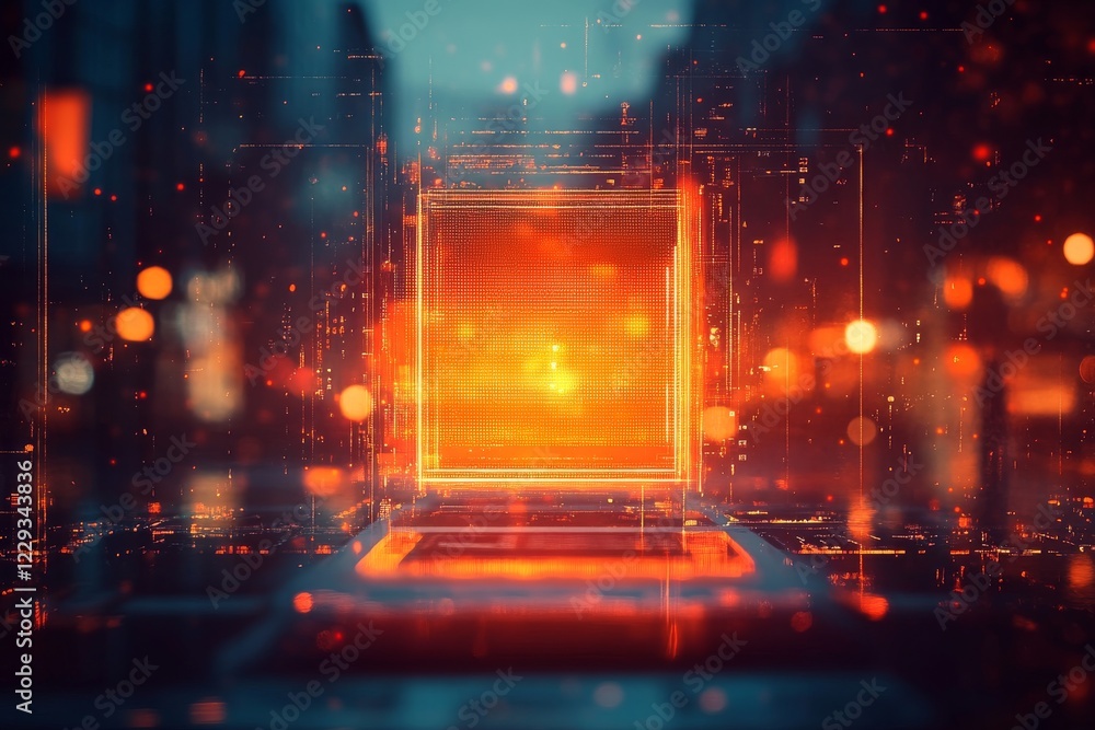 Poster digital abstraction with glowing orange cube in a futuristic cityscape at dusk