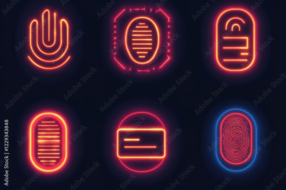 Aufkleber neon technology icons representing biometric authentication methods in a modern digital design