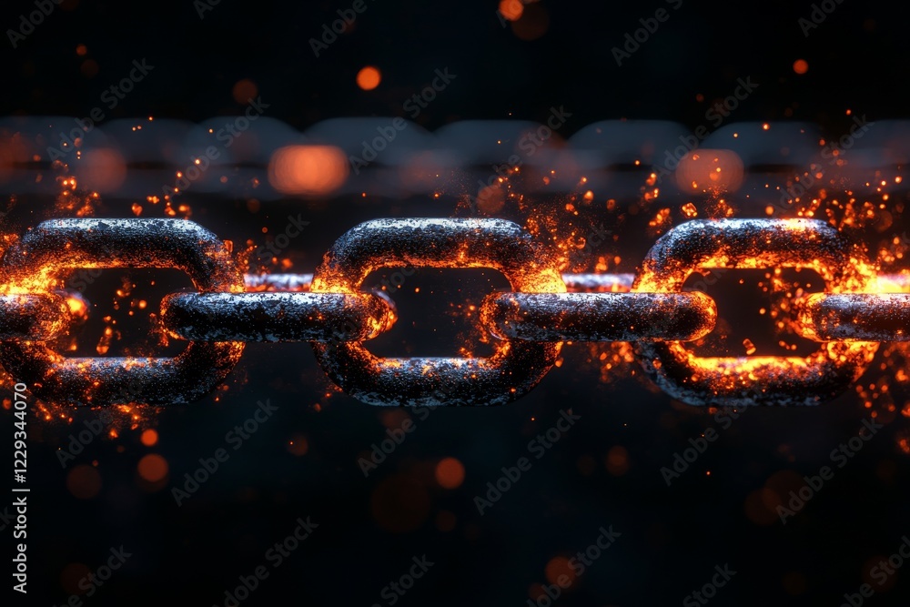 Aufkleber close-up view of a glowing chain link highlighted by sparks in a dark environment showcasing strengt