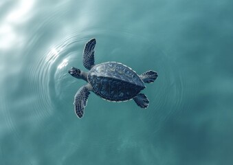 A Majestic Sea Turtle Swimming Gracefully Through Clear Turquoise Waters Under Soft Sunlight and Gentle Ripples Creating a Serene Ocean Scene