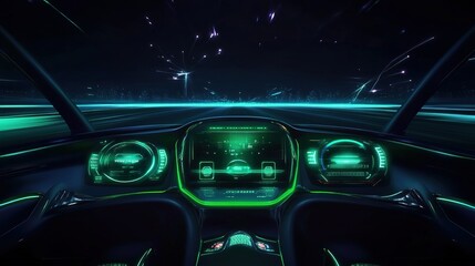 The dashboard displays a virtual reality technology screen. Futuristic green user interface Space background with light effects