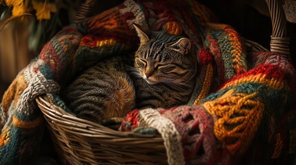 Obraz premium Cozy tabby cat napping in autumnal basket, fireplace background