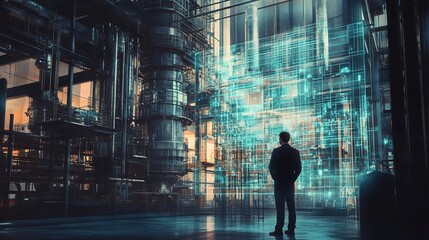 Technology hologram and visual screen, Businessman showing hologram Industrial working factory concept with tower chimney or pipe. Industrial building