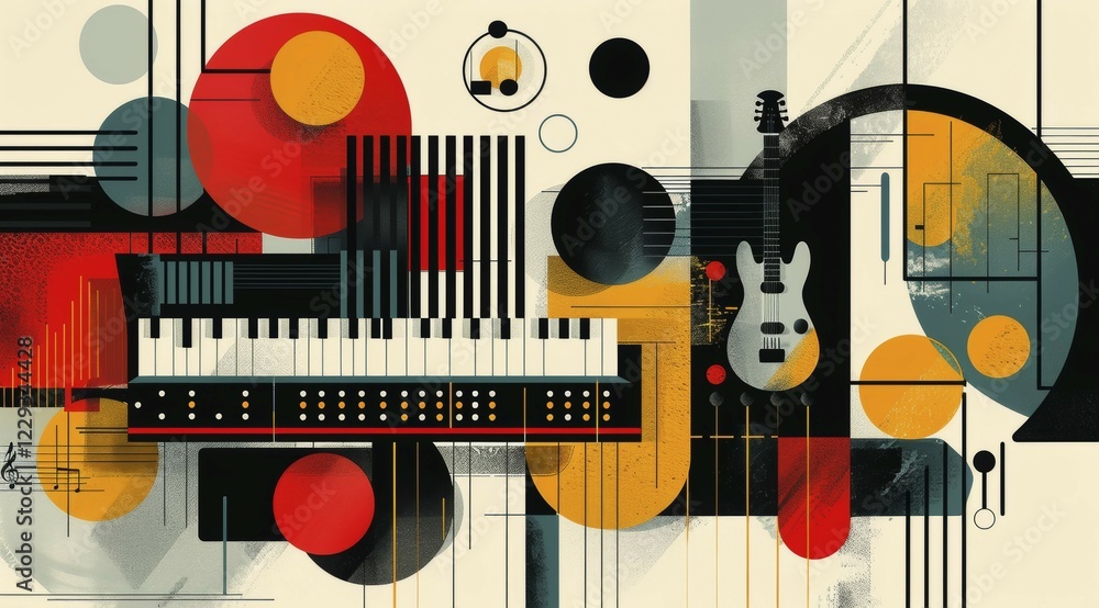 Poster abstract composition with musical instruments and geometric shapes in a colorful setting, ai generat