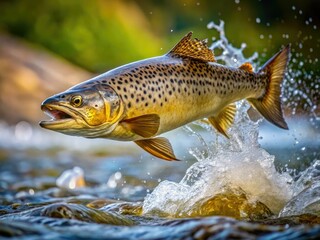 Action shot: A wild brown trout leaps from the river, showcasing vibrant freshwater life in a stunning nature photograph.