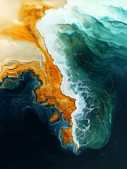 Obraz premium Abstract ocean coast, teal and gold waves, aerial view, calm background, art print