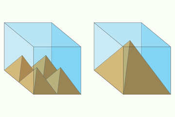 Volume of a cube. Square pyramid. Volume of water. Container filled with water.