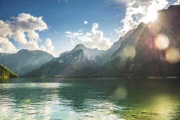 View of Lake Königssee, jetty Kessel, Berchtesgaden National Park, Berchtesgadener Land, Upper...