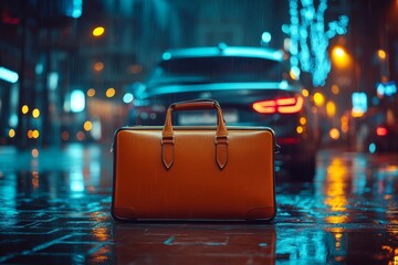 Reflections of a briefcase on a rainy night in a busy urban setting