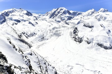 Gornergletscher in winter, seen from the Gornergrat, Zermatt, Switzerland, Europe