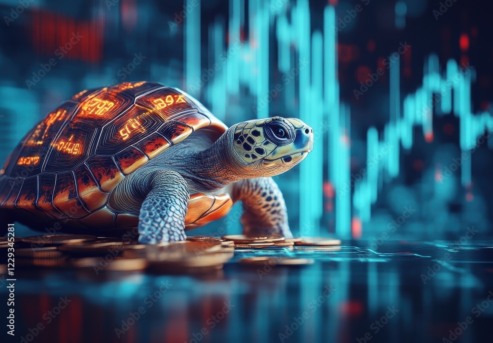 Poster a turtle with glowing digital patterns on its shell crawling on a pile of coins in front of a futuri