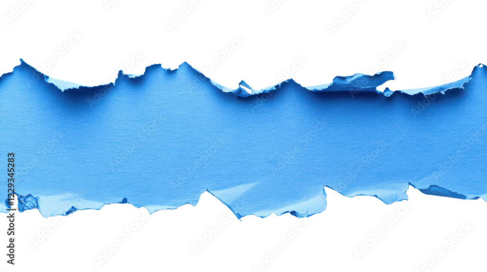 Poster torn horizontal blue paper strip with transparent background revealing checkered pattern. transparen